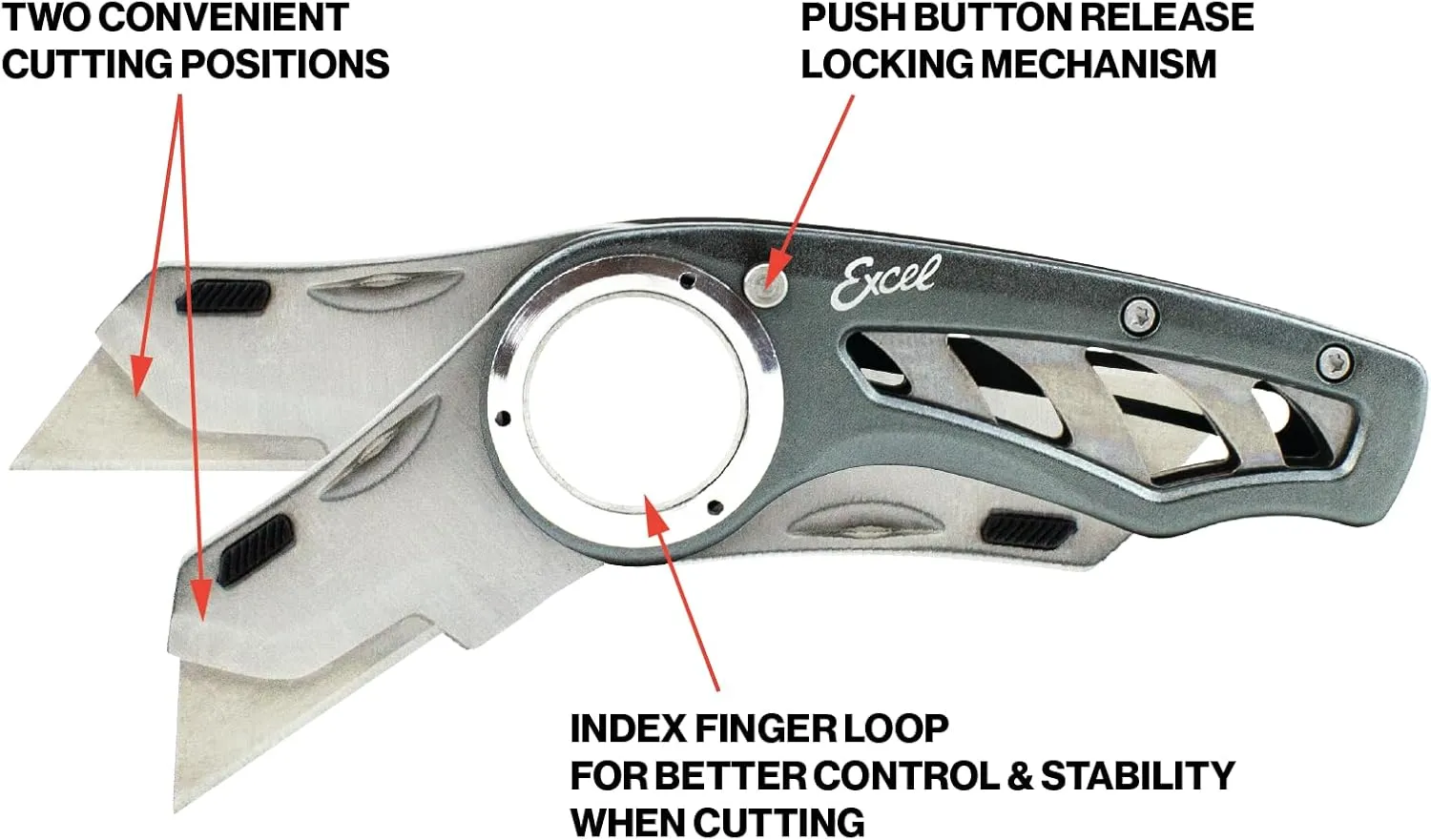Excel Blades Revo Folding Utility Knife – Heavy-Duty Box Cutter with Aluminum Body, Quick-Change #92 Blades, 3 Lock Positions Design, Anti-Slip Finger Loop Grip, Holster Included – Grey
