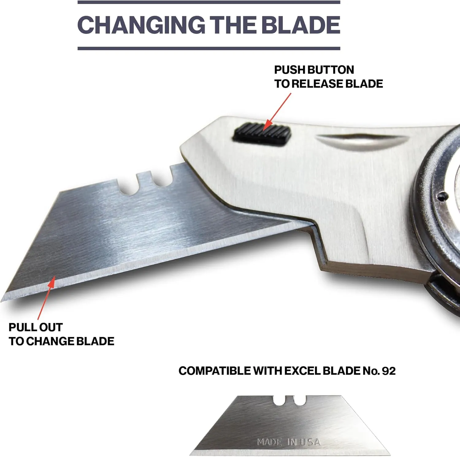 Excel Blades Revo Folding Utility Knife – Heavy-Duty Box Cutter with Aluminum Body, Quick-Change #92 Blades, 3 Lock Positions Design, Anti-Slip Finger Loop Grip, Holster Included – Grey