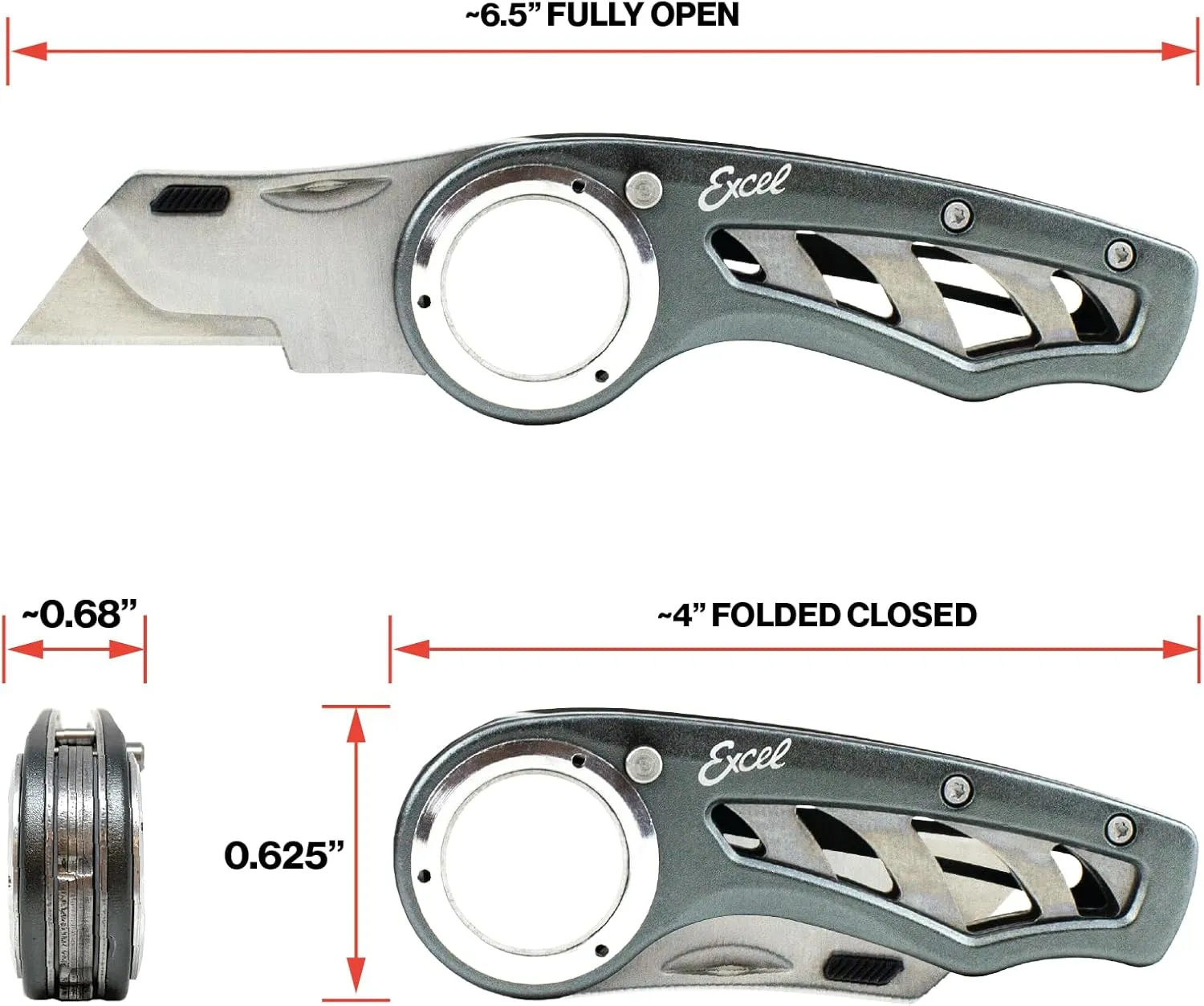 Excel Blades Revo Folding Utility Knife – Heavy-Duty Box Cutter with Aluminum Body, Quick-Change #92 Blades, 3 Lock Positions Design, Anti-Slip Finger Loop Grip, Holster Included – Grey