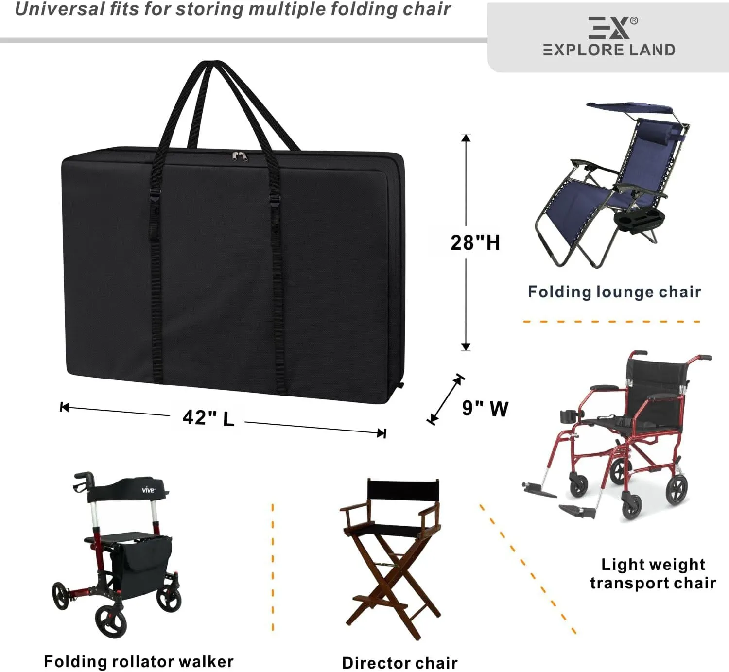Explore Land Heavy Duty Chair Storage Bag for Folding Longue Zero Gravity Light Weight Transport Folding Rollator Walker (Black)