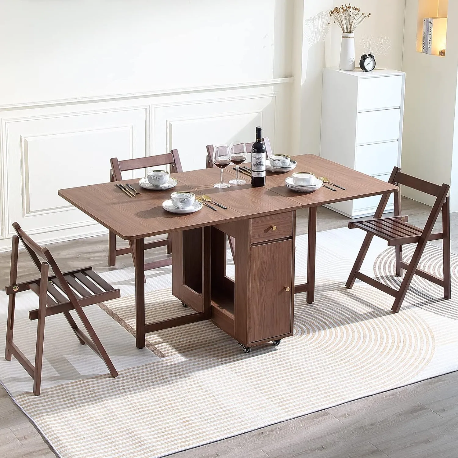 Extendable Drop Leaf Foldable Dining Table with 2 Drawers and 4 Wheels for Living Room Kitchen Farmhouse Space Saving Table in Walnut