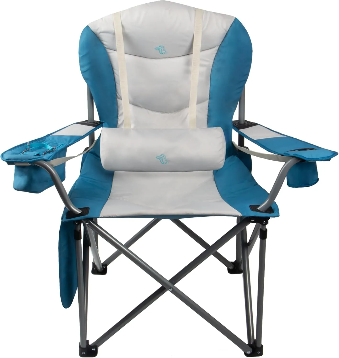 Extra Thick Oversized Camping Chair with Double Padded, Folding Beach Chair for Adults with Lumbar Support & Headrest, Camping Chair with Armrest, Cooler Bag, Side Pocket, Cup Holder, Blue&White