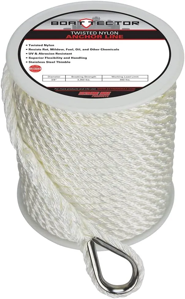 Extreme Max 3006.2078 BoatTector Twisted Nylon Anchor Line with Thimble - 3/8" x 100', White