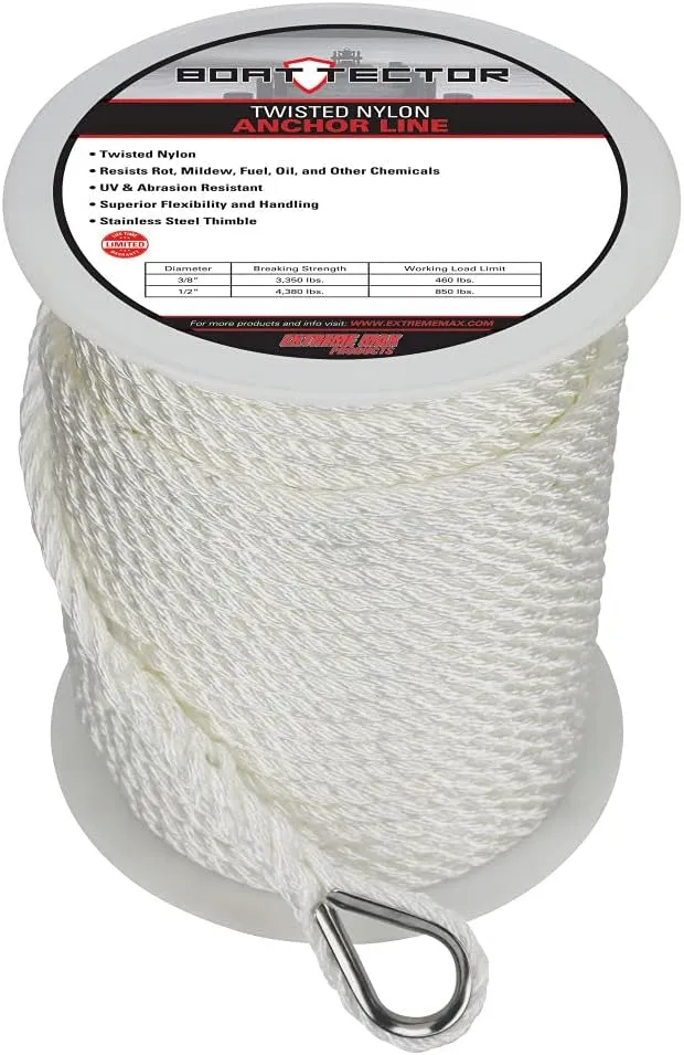 Extreme Max 3006.2297 BoatTector Twisted Nylon Anchor Line with Thimble - 3/8" x 200', White