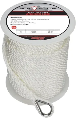 Extreme Max 3006.2297 BoatTector Twisted Nylon Anchor Line with Thimble - 3/8" x 200', White