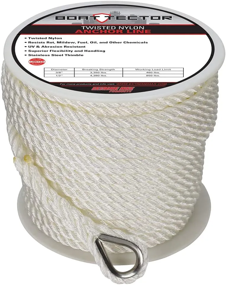 Extreme Max 3006.2306 BoatTector Twisted Nylon Anchor Line with Thimble - 1/2" x 200', White