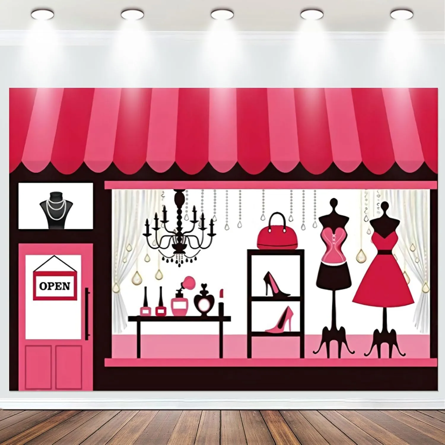 Fabric 10x8ft Fashion Boutique Backdrop Pink Clothing Store Window Photography Background Girls Ladies Dress High Heels Female Women Fashion Events Party Decoration Portrait Photo Shoot Props