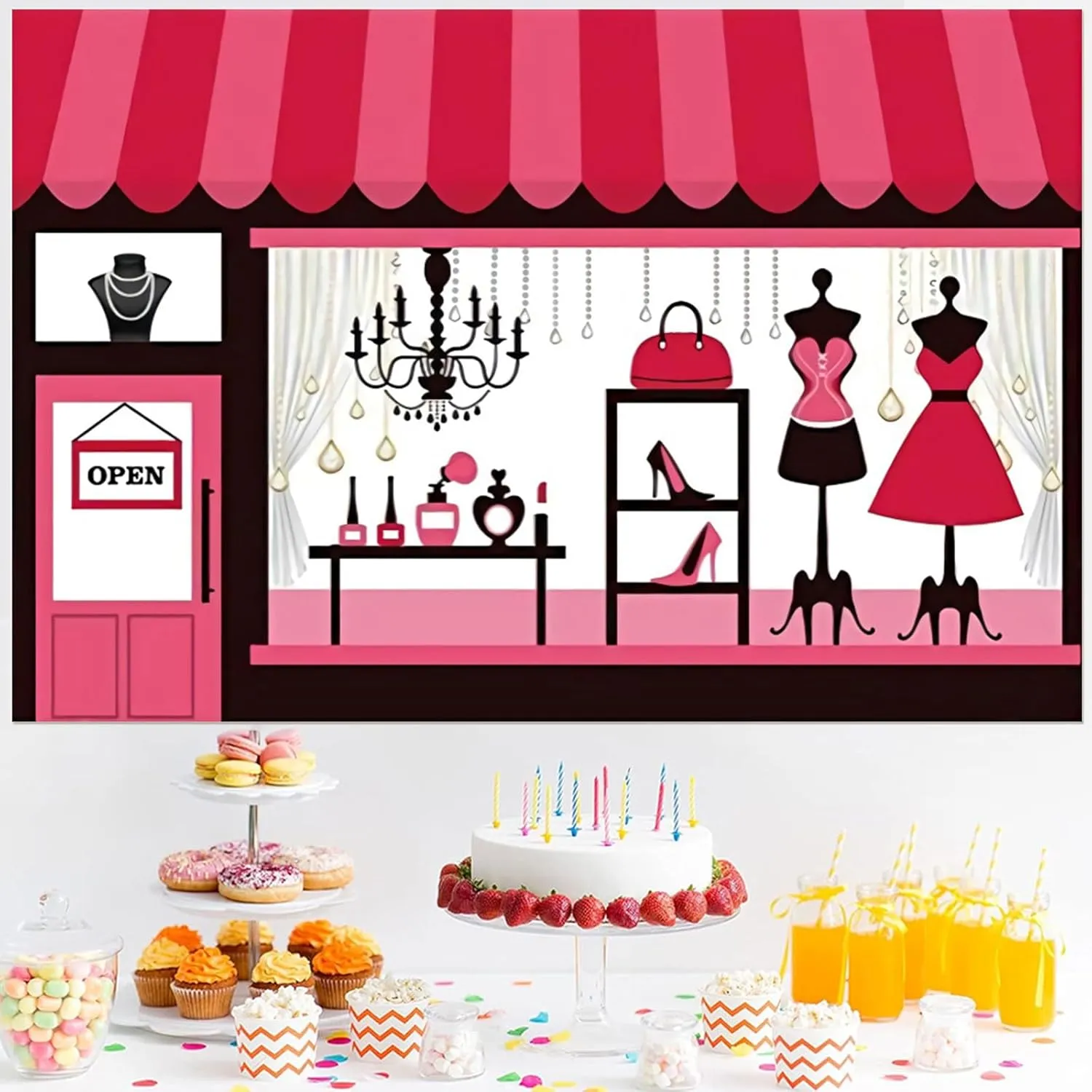 Fabric 10x8ft Fashion Boutique Backdrop Pink Clothing Store Window Photography Background Girls Ladies Dress High Heels Female Women Fashion Events Party Decoration Portrait Photo Shoot Props