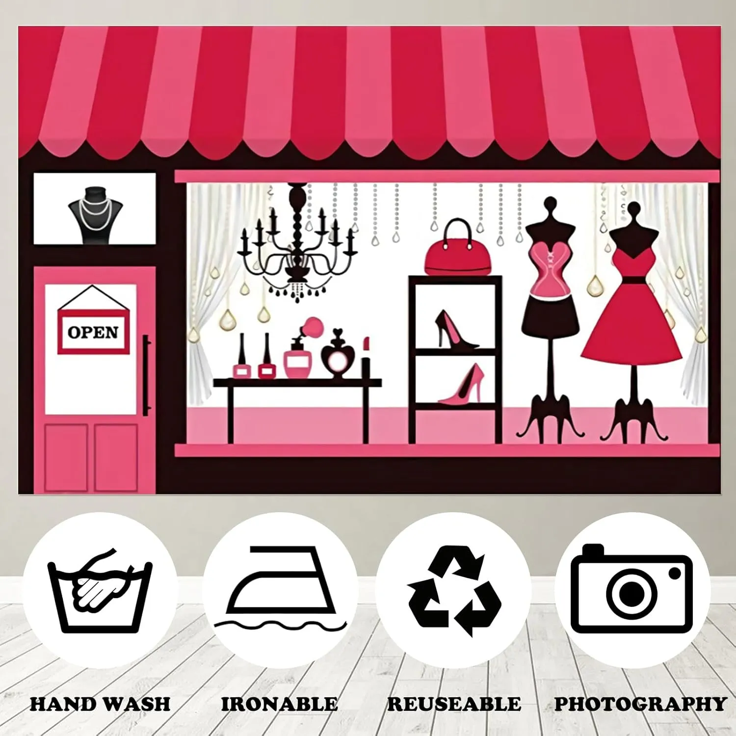 Fabric 10x8ft Fashion Boutique Backdrop Pink Clothing Store Window Photography Background Girls Ladies Dress High Heels Female Women Fashion Events Party Decoration Portrait Photo Shoot Props