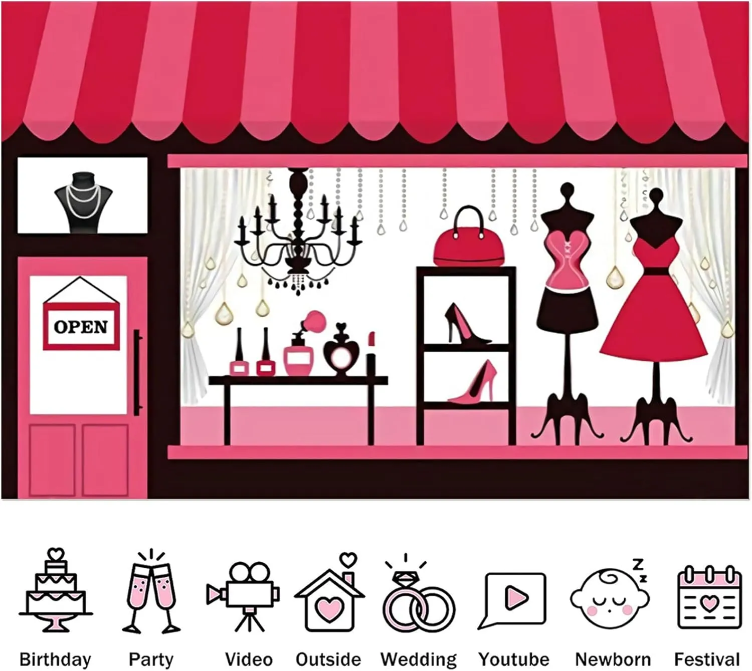 Fabric 10x8ft Fashion Boutique Backdrop Pink Clothing Store Window Photography Background Girls Ladies Dress High Heels Female Women Fashion Events Party Decoration Portrait Photo Shoot Props