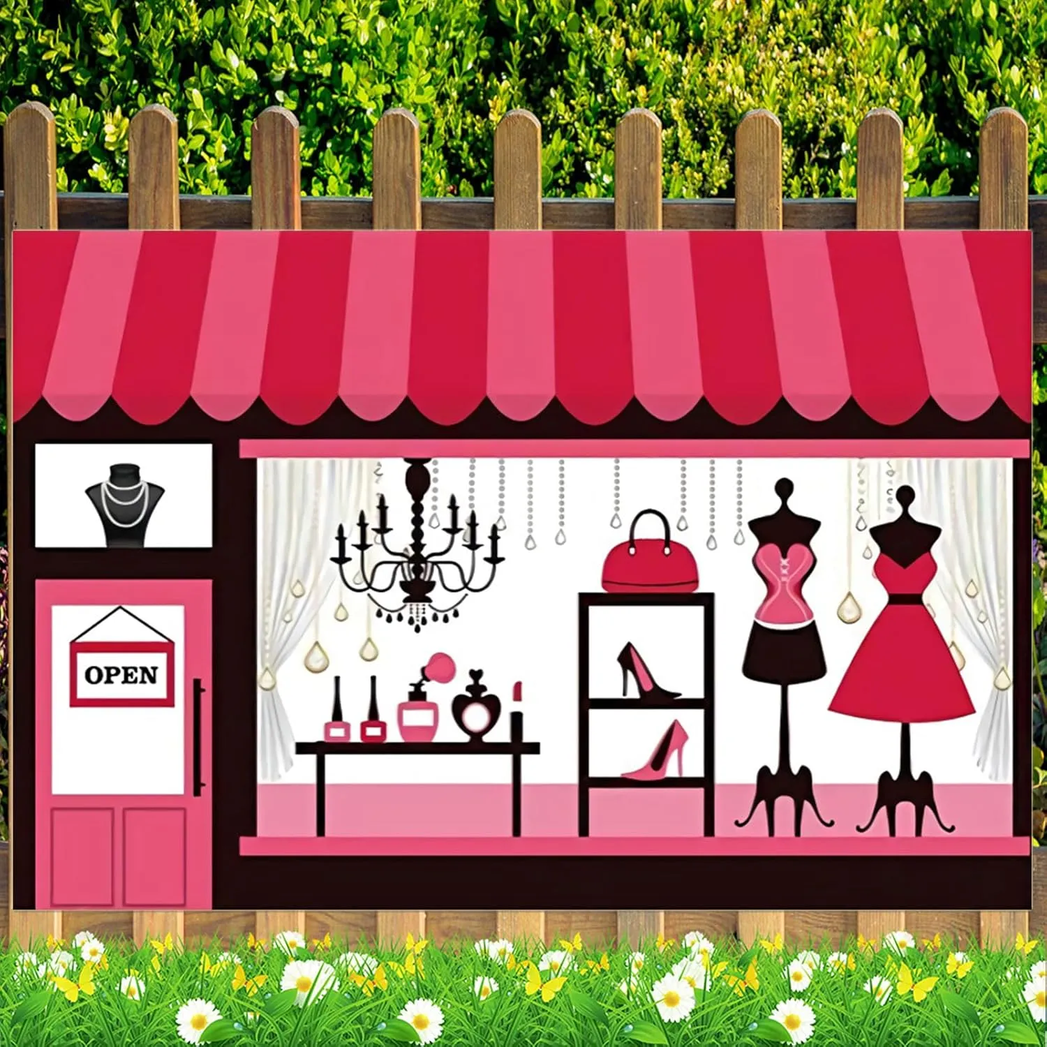 Fabric 10x8ft Fashion Boutique Backdrop Pink Clothing Store Window Photography Background Girls Ladies Dress High Heels Female Women Fashion Events Party Decoration Portrait Photo Shoot Props