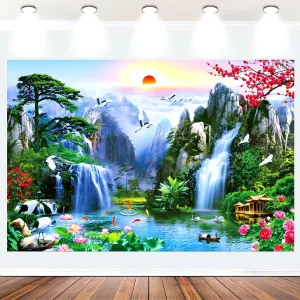 Fabric 7x5ft Zen Garden Backdrop Mountain Waterfalls Sunrise Scenery Photography Background Pine Pavilion Bridge Lotus Crane Spring Flowers Asian Landscape Wallpaper Decoration Photo Props