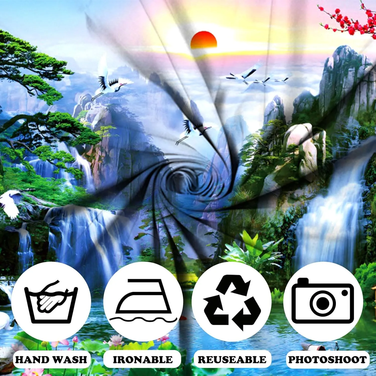Fabric 7x5ft Zen Garden Backdrop Mountain Waterfalls Sunrise Scenery Photography Background Pine Pavilion Bridge Lotus Crane Spring Flowers Asian Landscape Wallpaper Decoration Photo Props