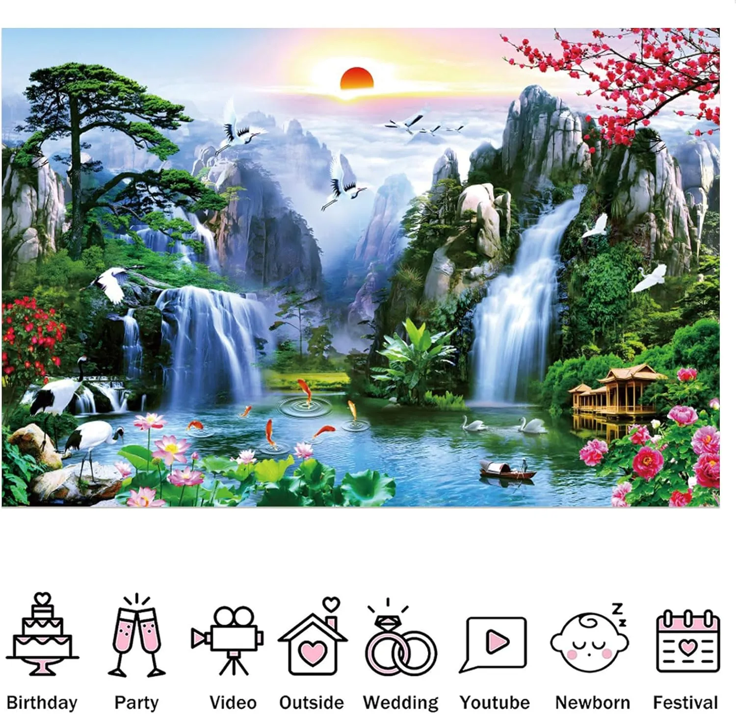 Fabric 7x5ft Zen Garden Backdrop Mountain Waterfalls Sunrise Scenery Photography Background Pine Pavilion Bridge Lotus Crane Spring Flowers Asian Landscape Wallpaper Decoration Photo Props