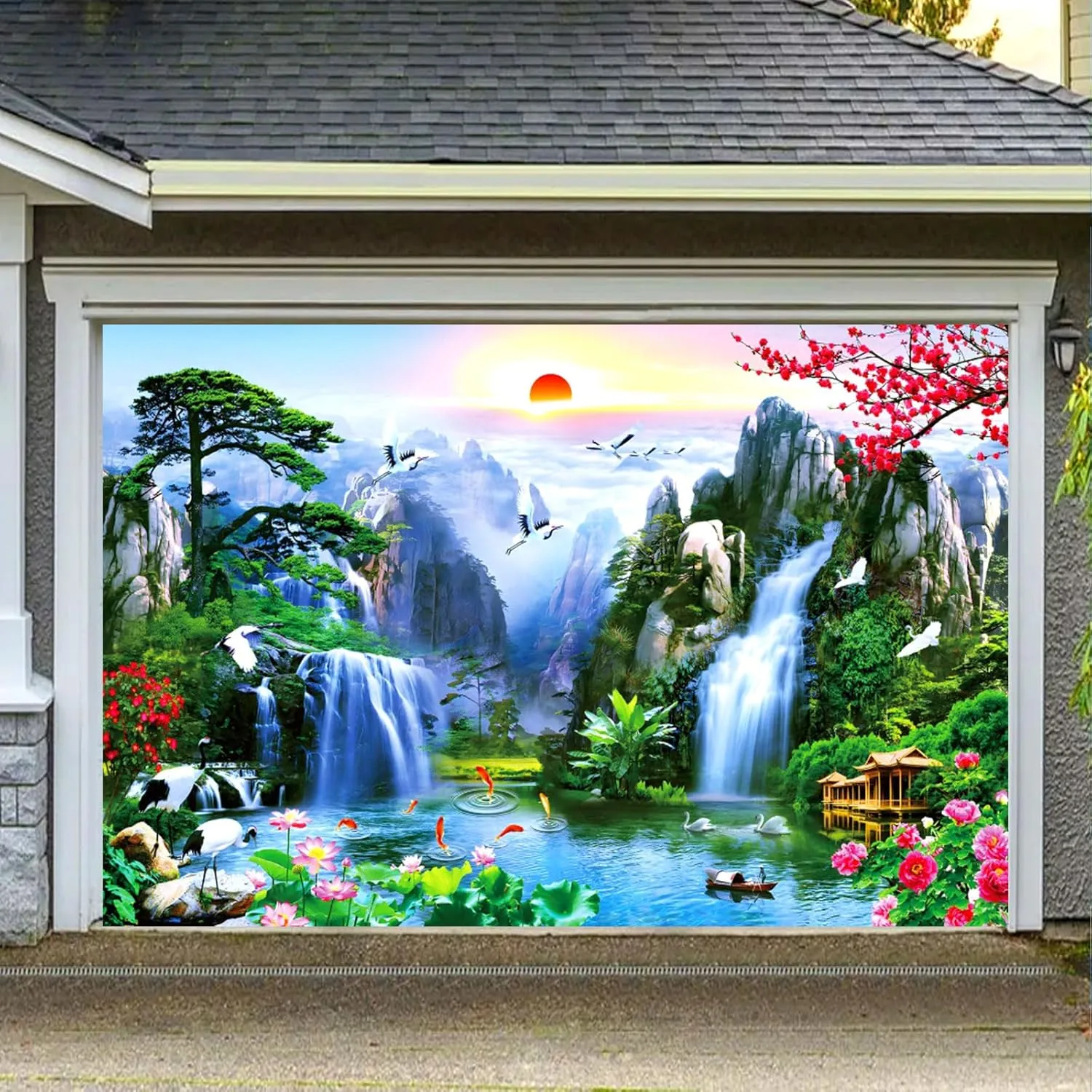 Fabric 7x5ft Zen Garden Backdrop Mountain Waterfalls Sunrise Scenery Photography Background Pine Pavilion Bridge Lotus Crane Spring Flowers Asian Landscape Wallpaper Decoration Photo Props