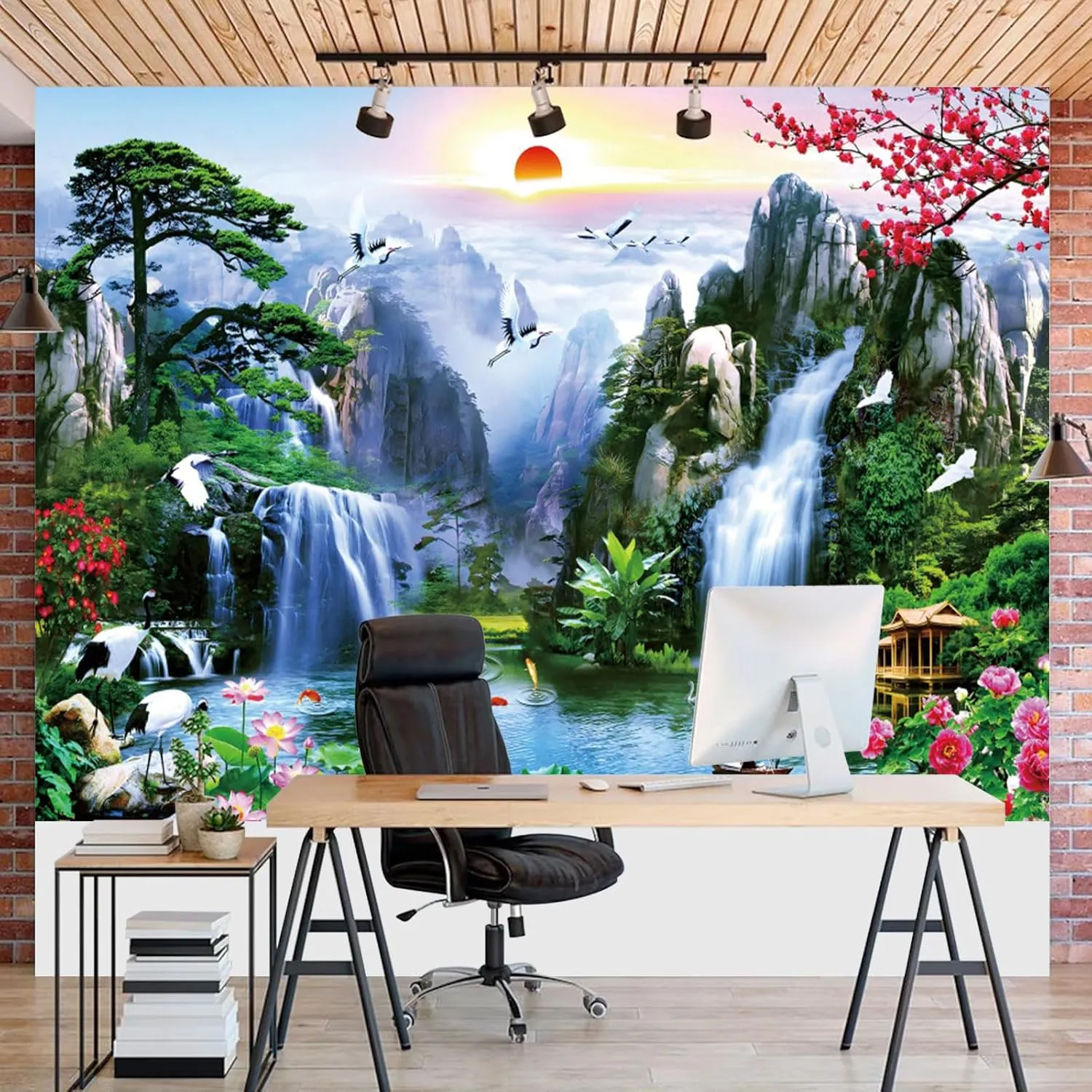 Fabric 7x5ft Zen Garden Backdrop Mountain Waterfalls Sunrise Scenery Photography Background Pine Pavilion Bridge Lotus Crane Spring Flowers Asian Landscape Wallpaper Decoration Photo Props