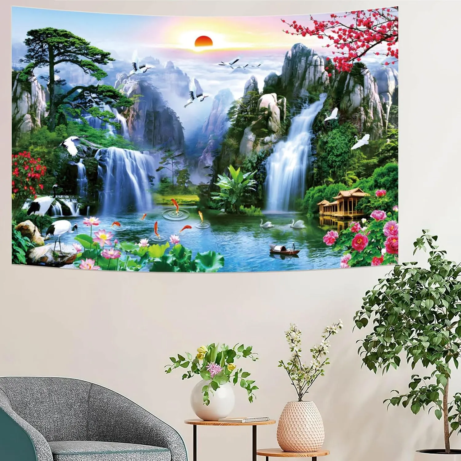 Fabric 7x5ft Zen Garden Backdrop Mountain Waterfalls Sunrise Scenery Photography Background Pine Pavilion Bridge Lotus Crane Spring Flowers Asian Landscape Wallpaper Decoration Photo Props