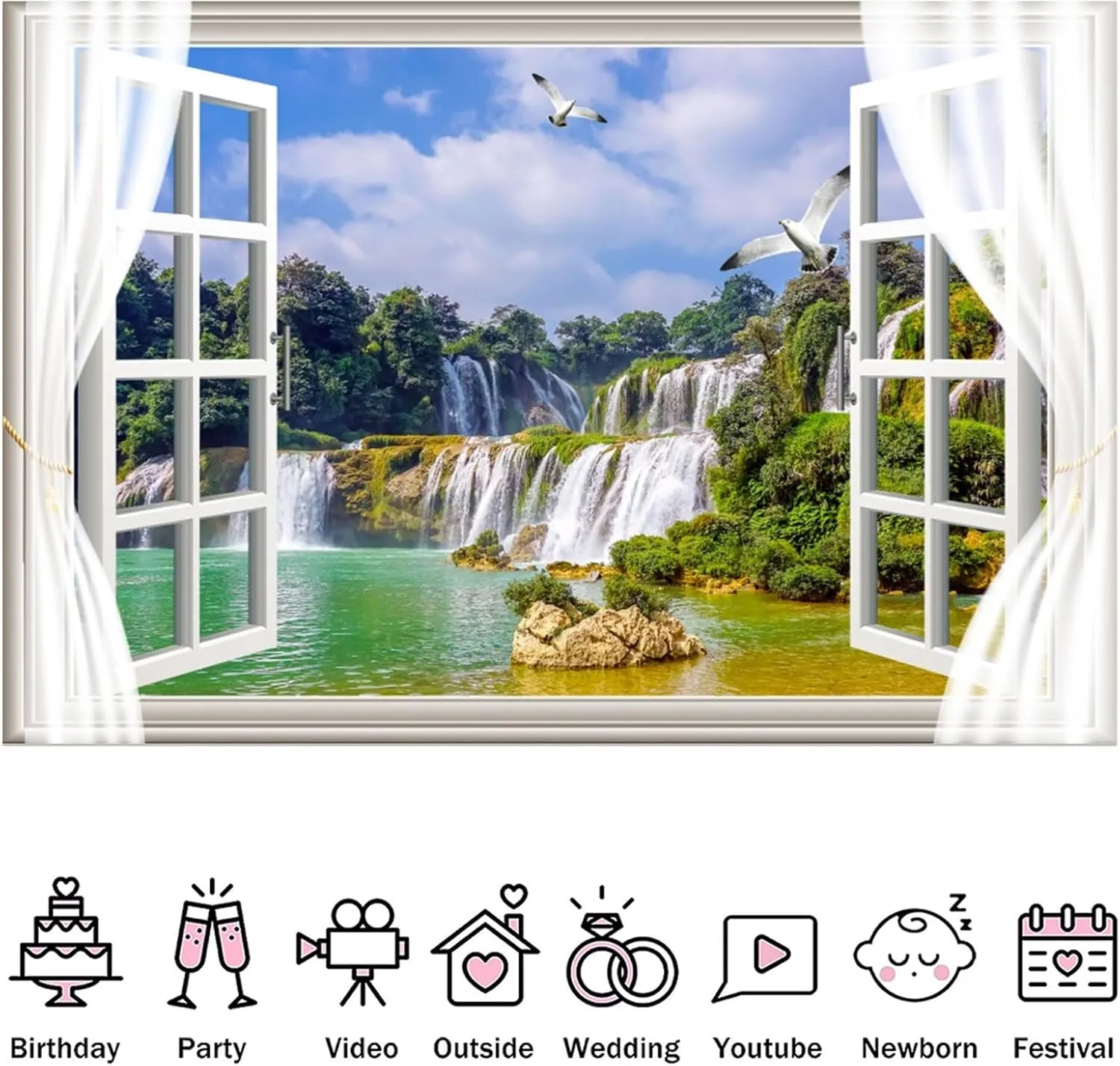 Fabric 8x6ft Waterfall Scenery Backdrop Outside Window View Spring Natural Landscape Photography Background Mountain Forest Birds Wallpaper Artistic Portraits Photo Studio Props