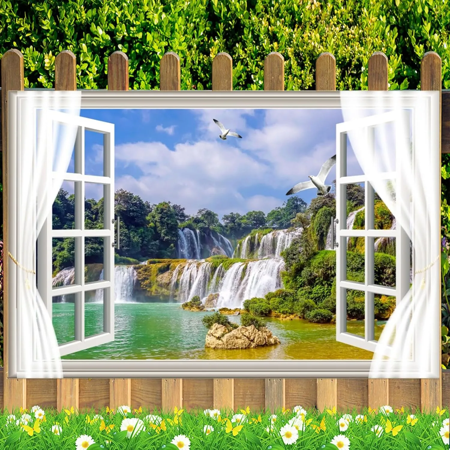 Fabric 8x6ft Waterfall Scenery Backdrop Outside Window View Spring Natural Landscape Photography Background Mountain Forest Birds Wallpaper Artistic Portraits Photo Studio Props