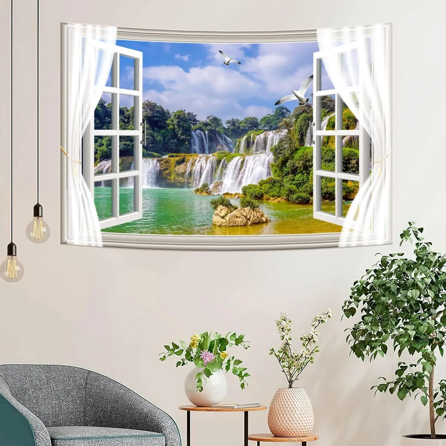 Fabric 8x6ft Waterfall Scenery Backdrop Outside Window View Spring Natural Landscape Photography Background Mountain Forest Birds Wallpaper Artistic Portraits Photo Studio Props