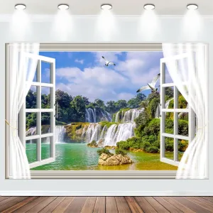Fabric 8x6ft Waterfall Scenery Backdrop Outside Window View Spring Natural Landscape Photography Background Mountain Forest Birds Wallpaper Artistic Portraits Photo Studio Props