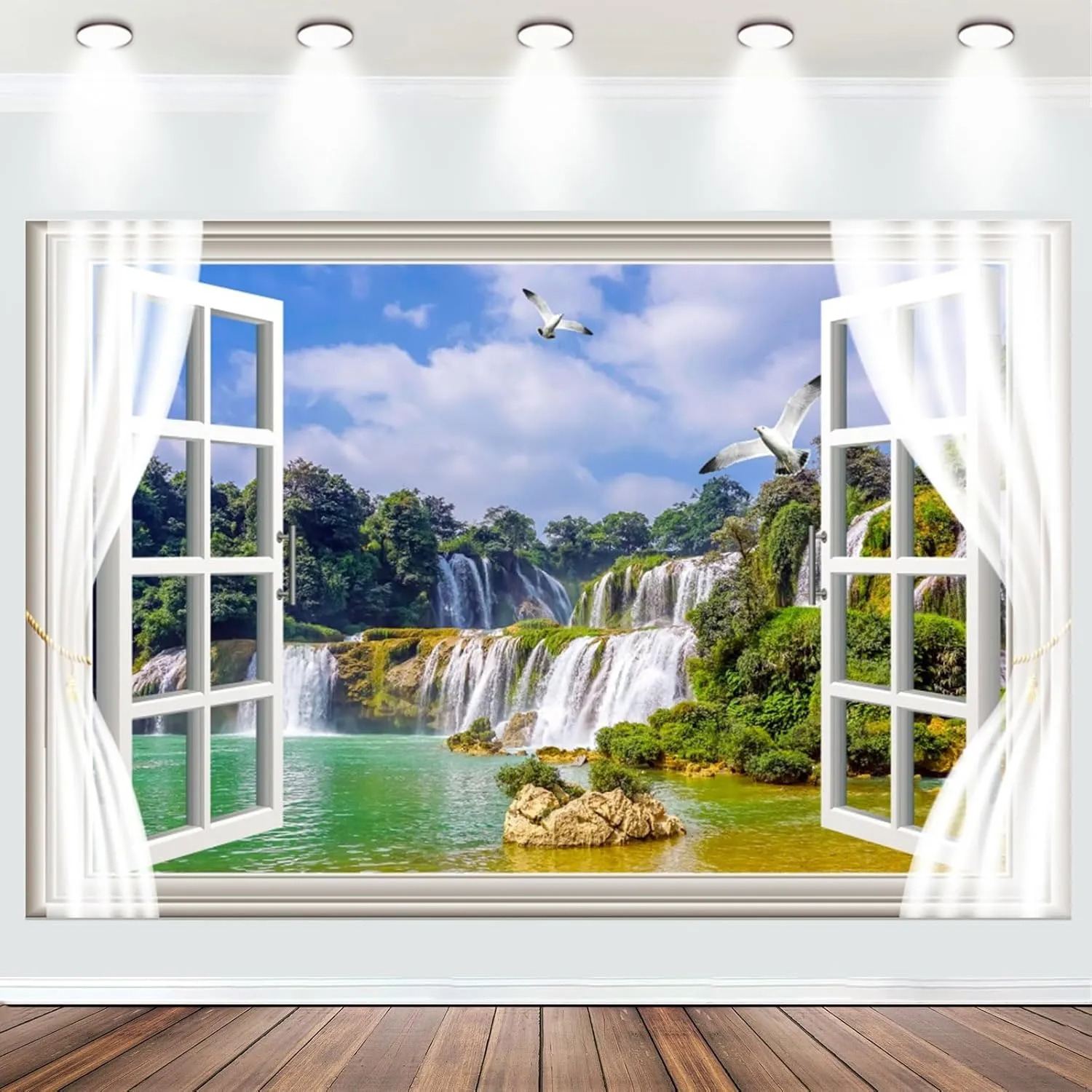 Fabric 8x6ft Waterfall Scenery Backdrop Outside Window View Spring Natural Landscape Photography Background Mountain Forest Birds Wallpaper Artistic Portraits Photo Studio Props