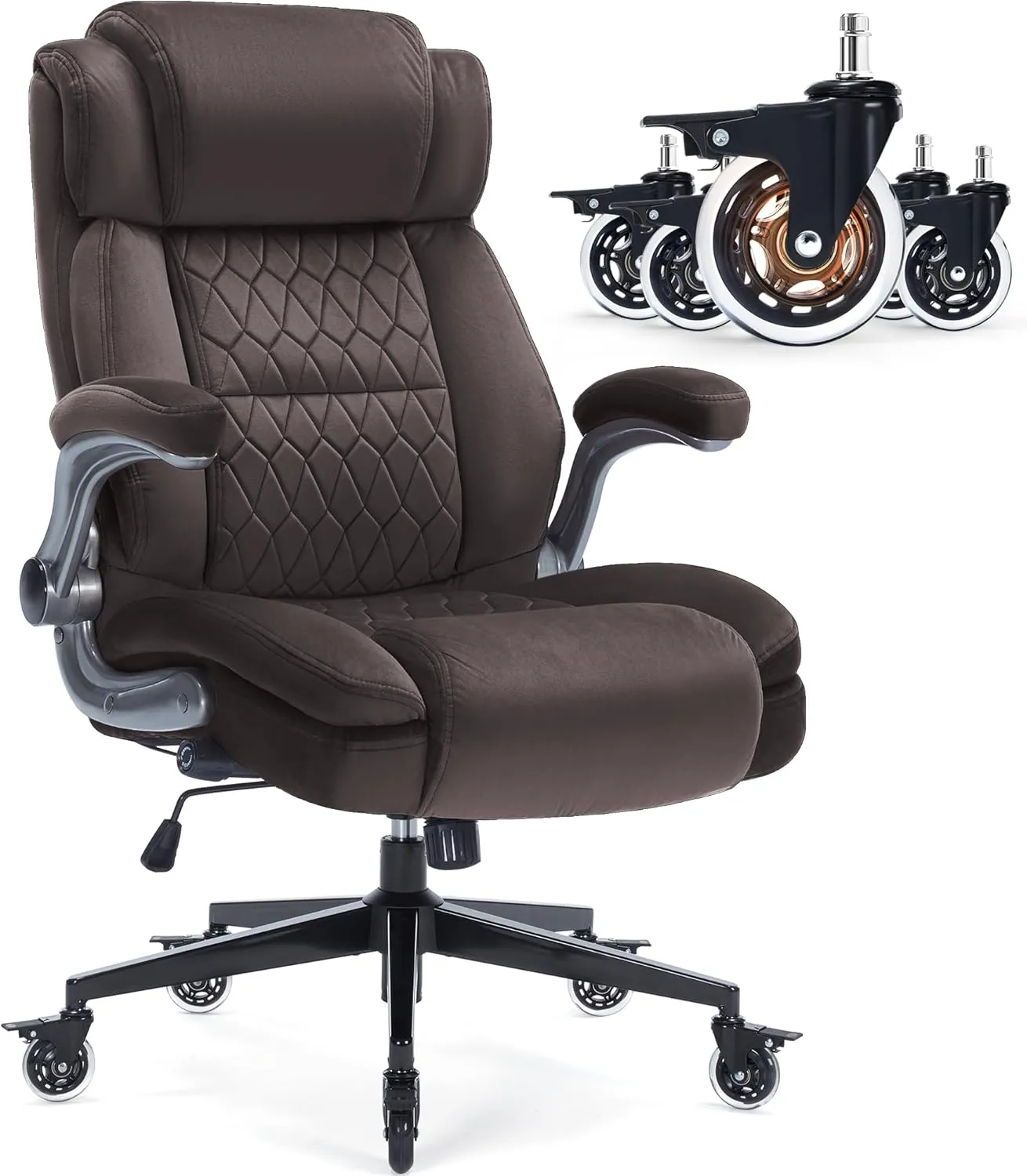 Fabric High Back Office Chair 400lbs-Adjustable Built-in Lumbar Support，Flip Arms, Locking Wheels-Ergonomic Computer Desk Chair with Heavy Duty Base，Thick Padded Large Work Chairs for Adults Men Women