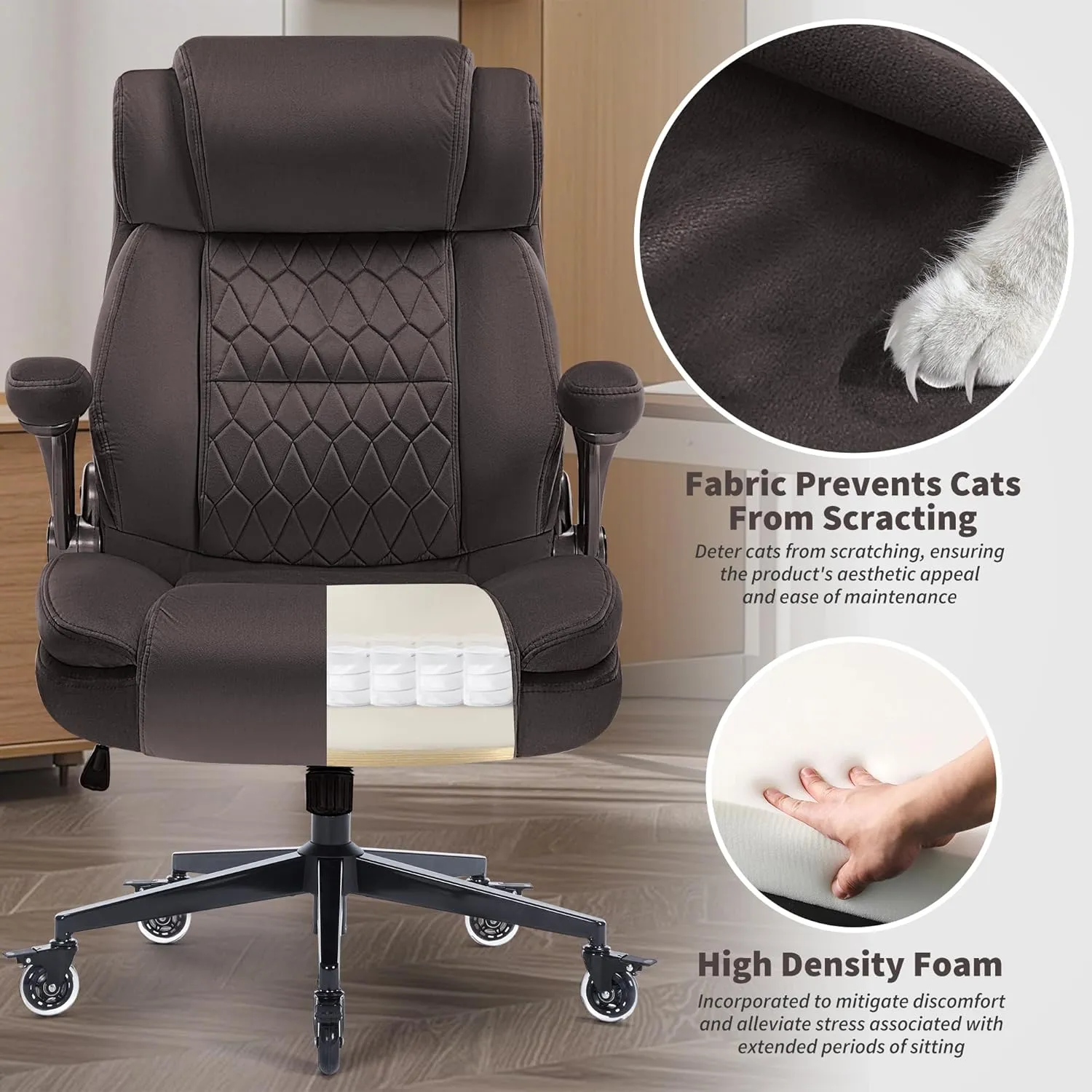 Fabric High Back Office Chair 400lbs-Adjustable Built-in Lumbar Support，Flip Arms, Locking Wheels-Ergonomic Computer Desk Chair with Heavy Duty Base，Thick Padded Large Work Chairs for Adults Men Women