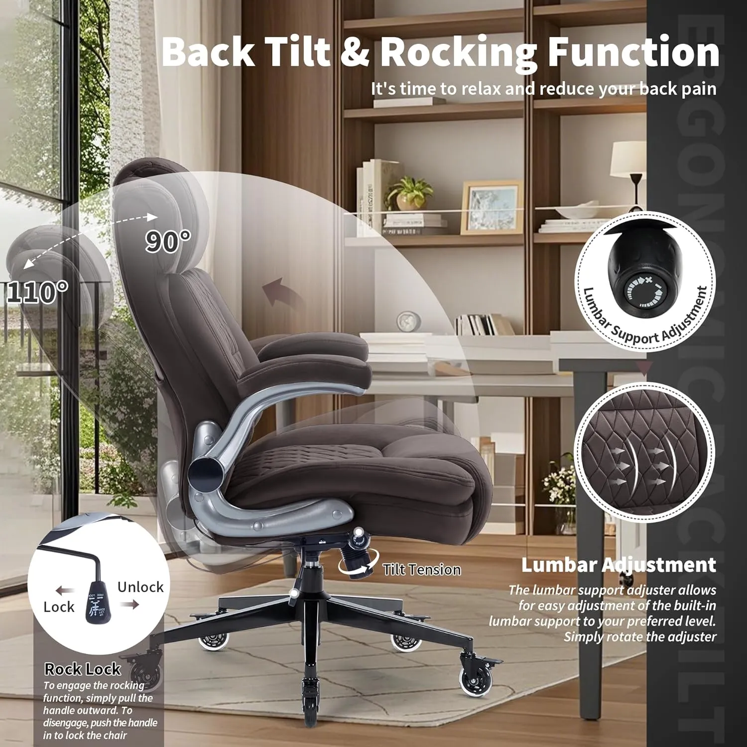 Fabric High Back Office Chair 400lbs-Adjustable Built-in Lumbar Support，Flip Arms, Locking Wheels-Ergonomic Computer Desk Chair with Heavy Duty Base，Thick Padded Large Work Chairs for Adults Men Women