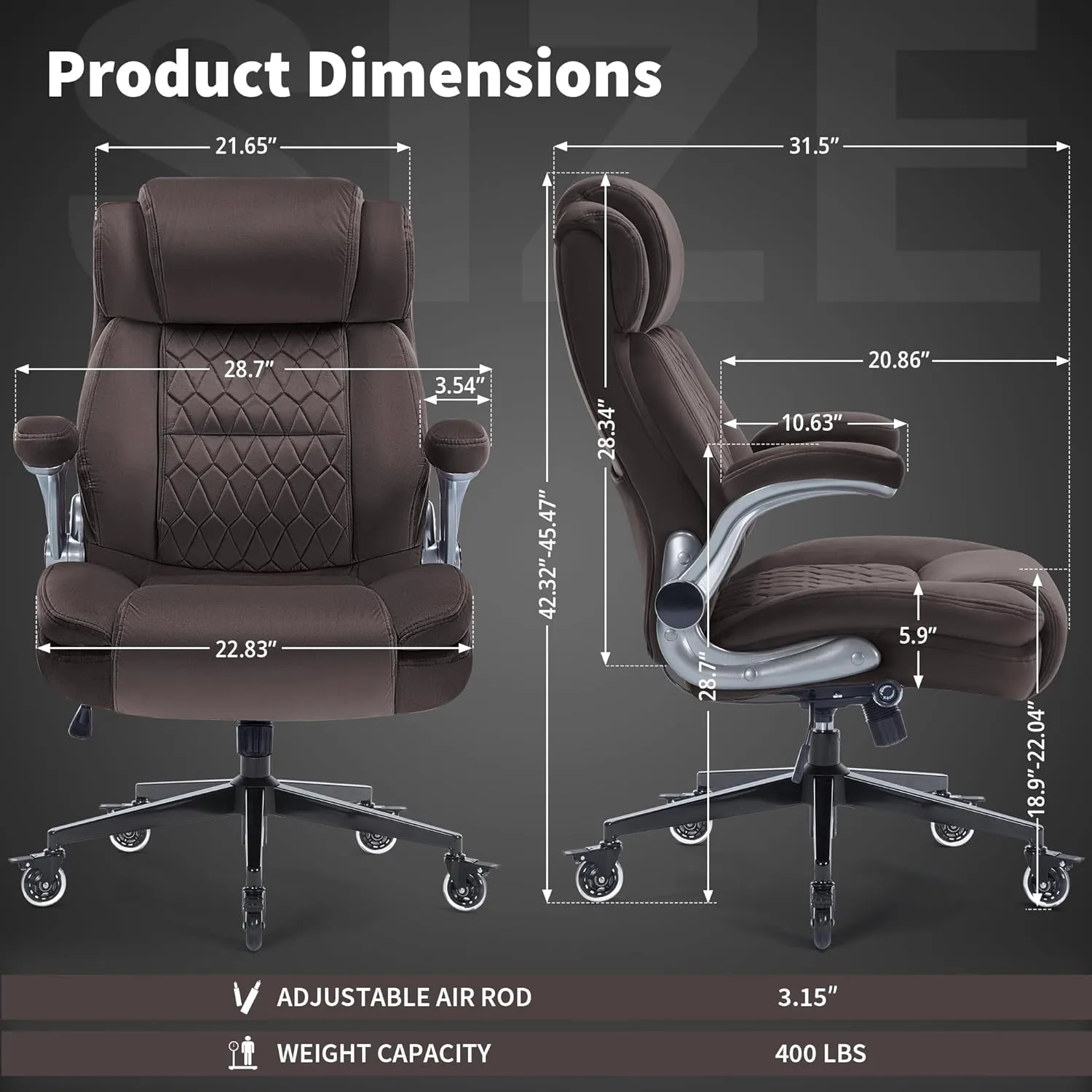 Fabric High Back Office Chair 400lbs-Adjustable Built-in Lumbar Support，Flip Arms, Locking Wheels-Ergonomic Computer Desk Chair with Heavy Duty Base，Thick Padded Large Work Chairs for Adults Men Women