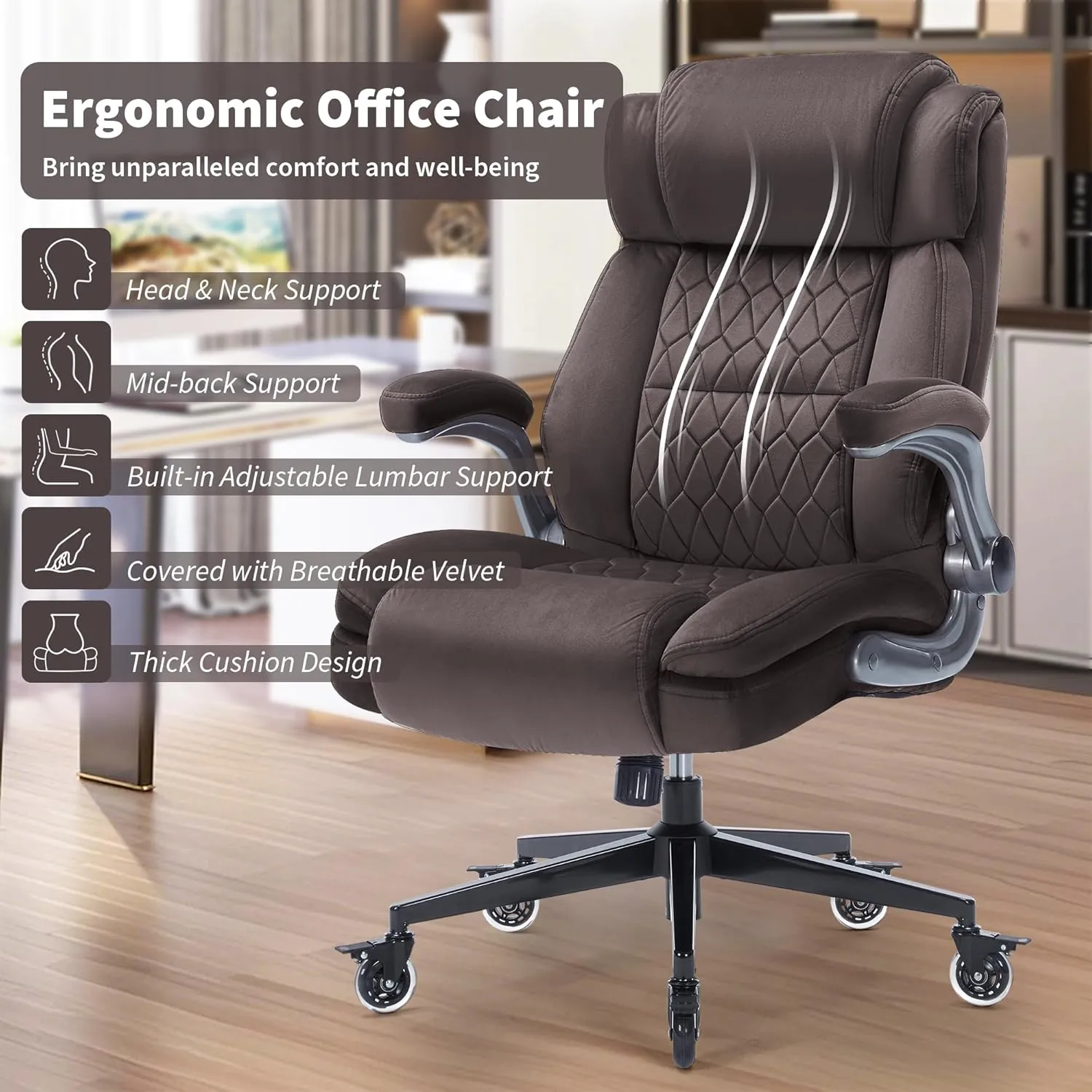 Fabric High Back Office Chair 400lbs-Adjustable Built-in Lumbar Support，Flip Arms, Locking Wheels-Ergonomic Computer Desk Chair with Heavy Duty Base，Thick Padded Large Work Chairs for Adults Men Women