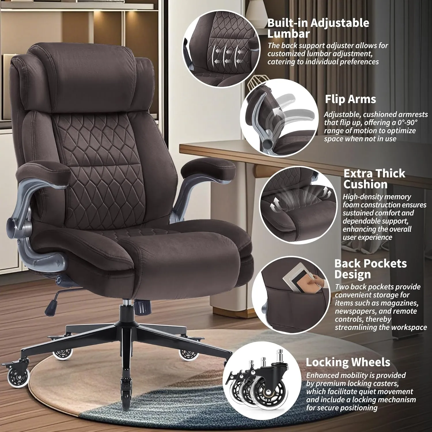 Fabric High Back Office Chair 400lbs-Adjustable Built-in Lumbar Support，Flip Arms, Locking Wheels-Ergonomic Computer Desk Chair with Heavy Duty Base，Thick Padded Large Work Chairs for Adults Men Women