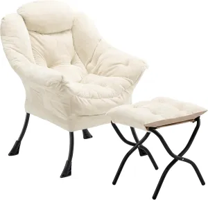 Fabric Lazy Chair with Ottoman, Oversized Upholstered Sofa Chair for Adults, Plush Comfy Lounge Chair with Large Side Storage Pocket, Reading Chair for Living Room, Bedroom, Study Room, Beige