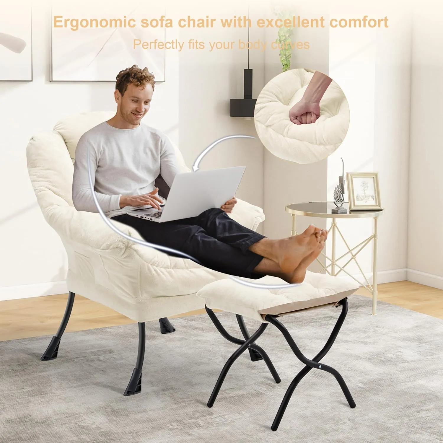 Fabric Lazy Chair with Ottoman, Oversized Upholstered Sofa Chair for Adults, Plush Comfy Lounge Chair with Large Side Storage Pocket, Reading Chair for Living Room, Bedroom, Study Room, Beige