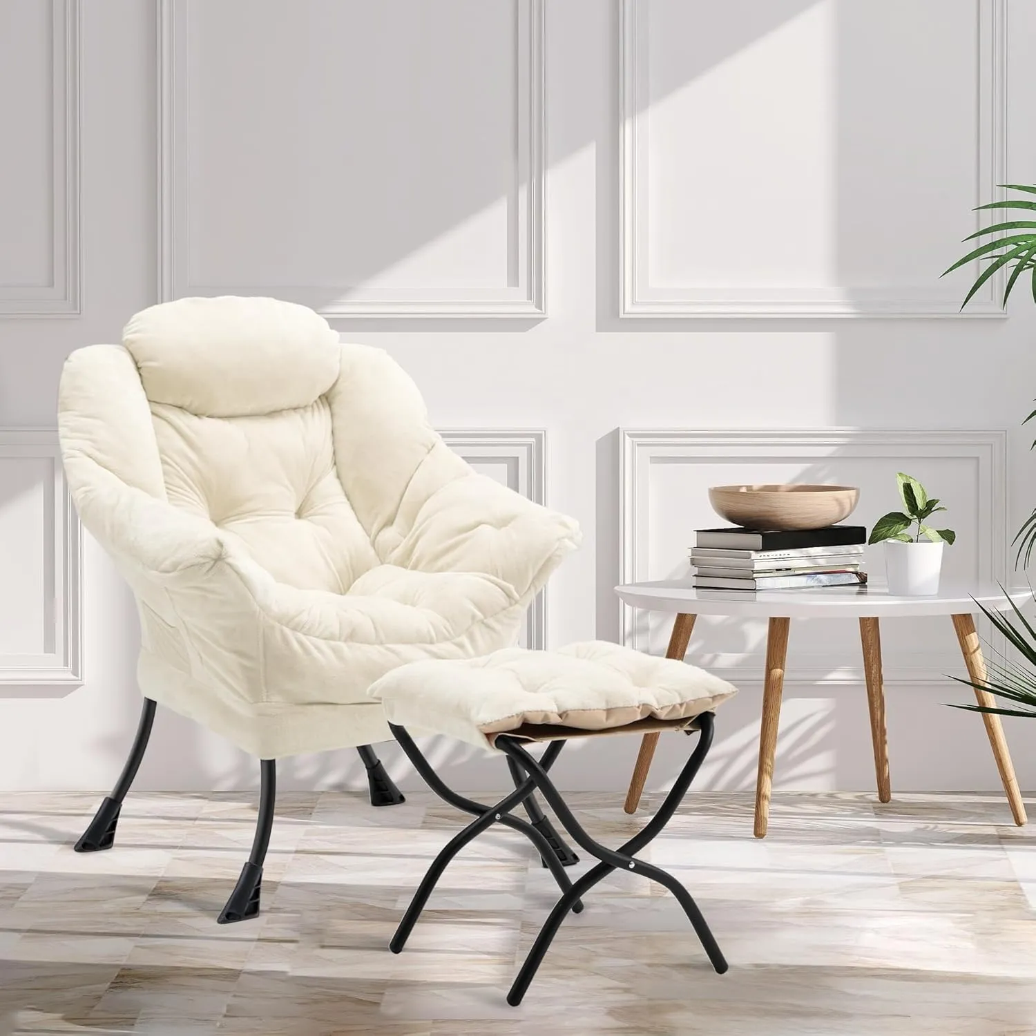Fabric Lazy Chair with Ottoman, Oversized Upholstered Sofa Chair for Adults, Plush Comfy Lounge Chair with Large Side Storage Pocket, Reading Chair for Living Room, Bedroom, Study Room, Beige