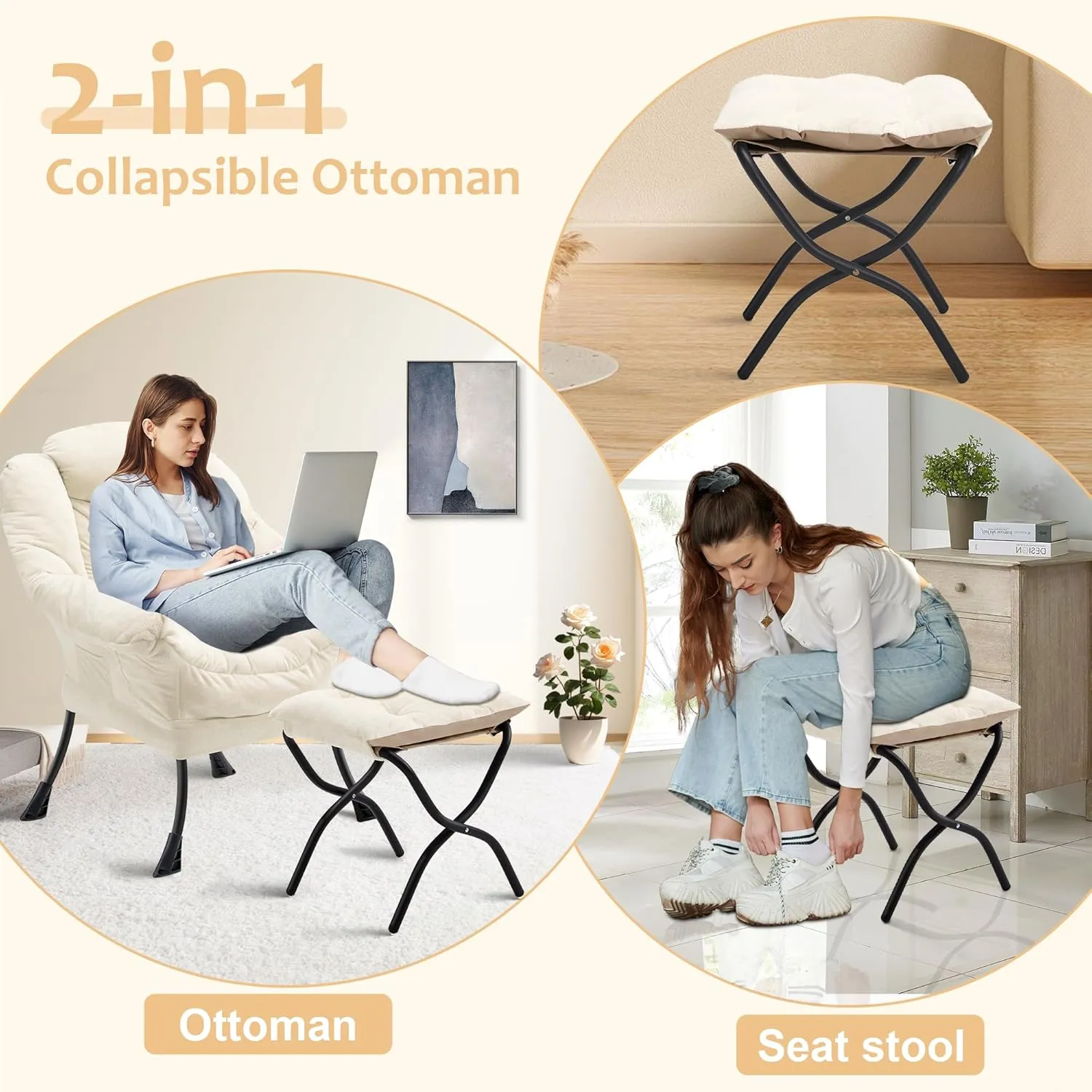 Fabric Lazy Chair with Ottoman, Oversized Upholstered Sofa Chair for Adults, Plush Comfy Lounge Chair with Large Side Storage Pocket, Reading Chair for Living Room, Bedroom, Study Room, Beige