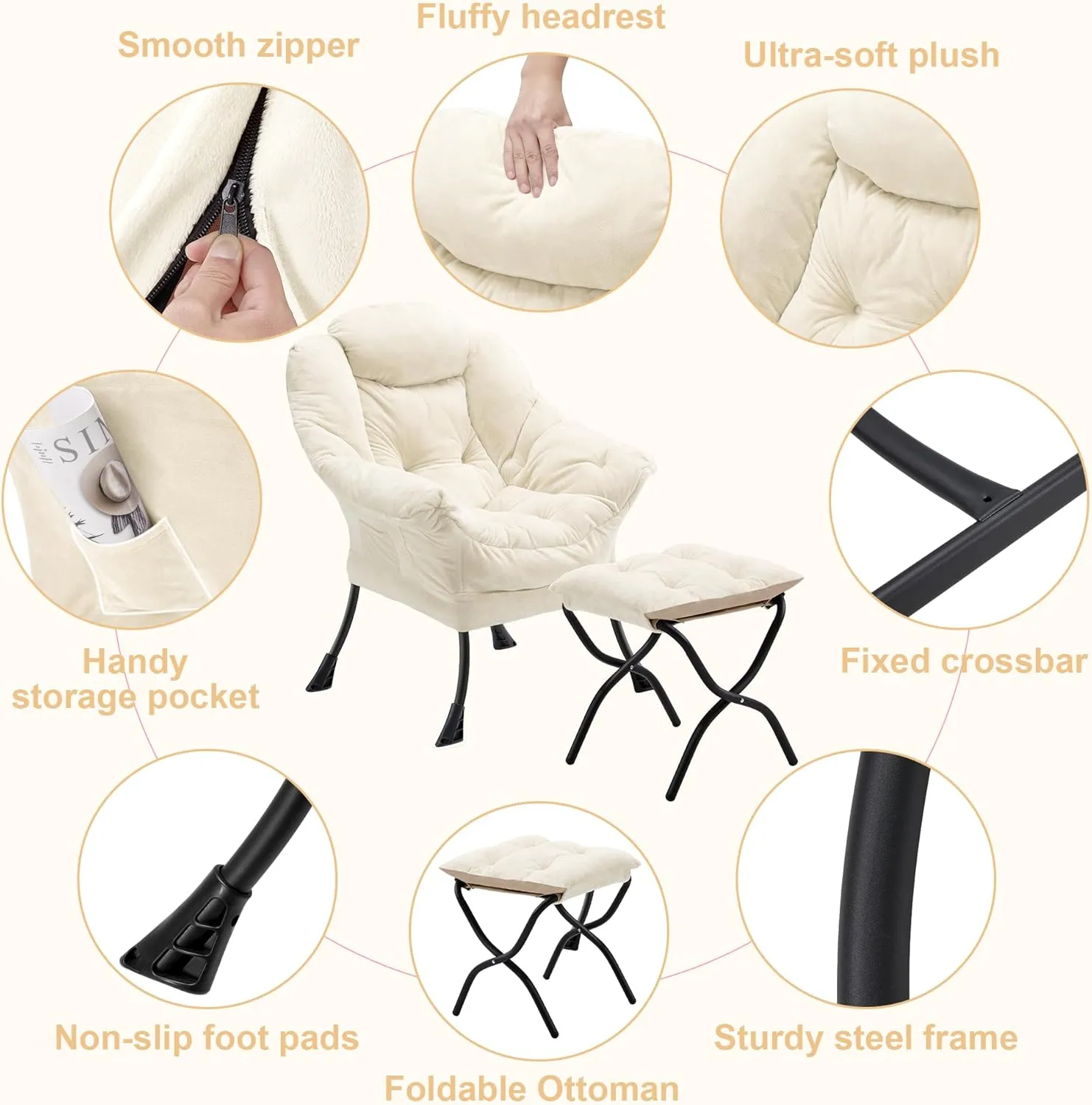 Fabric Lazy Chair with Ottoman, Oversized Upholstered Sofa Chair for Adults, Plush Comfy Lounge Chair with Large Side Storage Pocket, Reading Chair for Living Room, Bedroom, Study Room, Beige