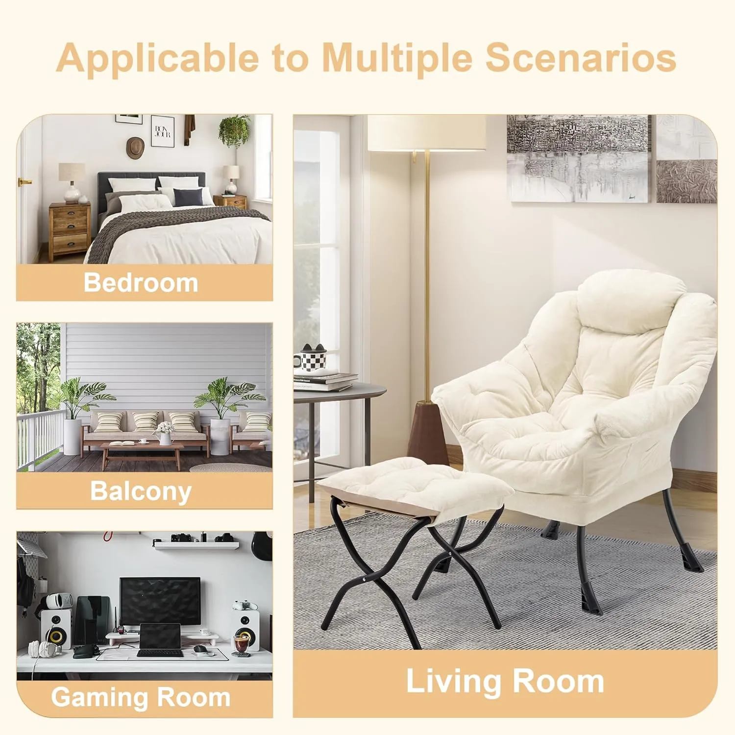 Fabric Lazy Chair with Ottoman, Oversized Upholstered Sofa Chair for Adults, Plush Comfy Lounge Chair with Large Side Storage Pocket, Reading Chair for Living Room, Bedroom, Study Room, Beige