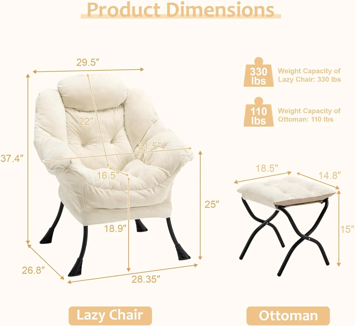 Fabric Lazy Chair with Ottoman, Oversized Upholstered Sofa Chair for Adults, Plush Comfy Lounge Chair with Large Side Storage Pocket, Reading Chair for Living Room, Bedroom, Study Room, Beige