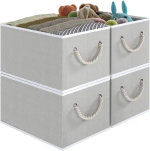Fabric Storage Bins 4-Pack, Collapsible Storage Baskets for Organizing Toys, Books, Shelves, Closet, Linen Storage Boxes, Decorative Storage Baskets with Rope Handles, Grey