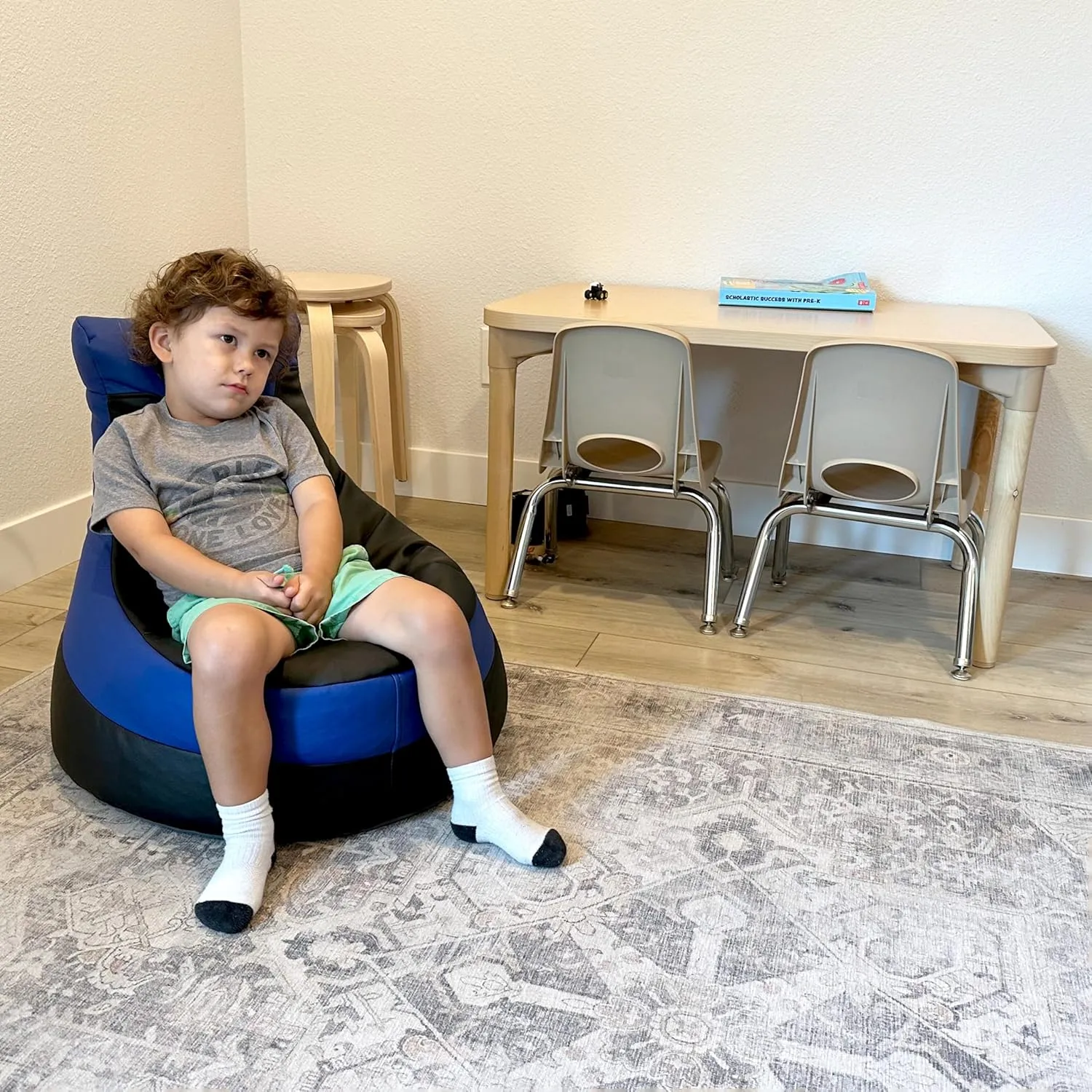Factory Direct Partners SoftScape Little Gamer Bean Bag Chair for Kids, Comfy Bean-Filled Flexible Floor Seat for Reading, Gaming, Sitting in Playroom, Rec Room or Classroom - Black/Blue, 14453-BKBL