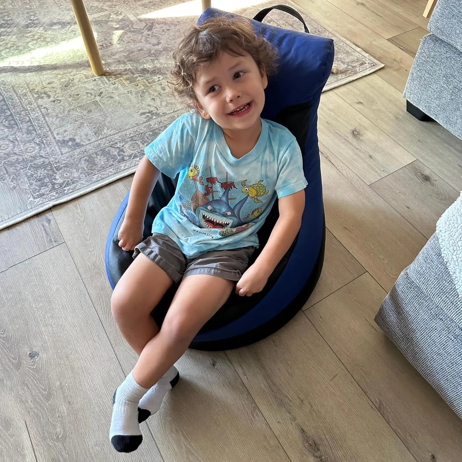 Factory Direct Partners SoftScape Little Gamer Bean Bag Chair for Kids, Comfy Bean-Filled Flexible Floor Seat for Reading, Gaming, Sitting in Playroom, Rec Room or Classroom - Black/Blue, 14453-BKBL