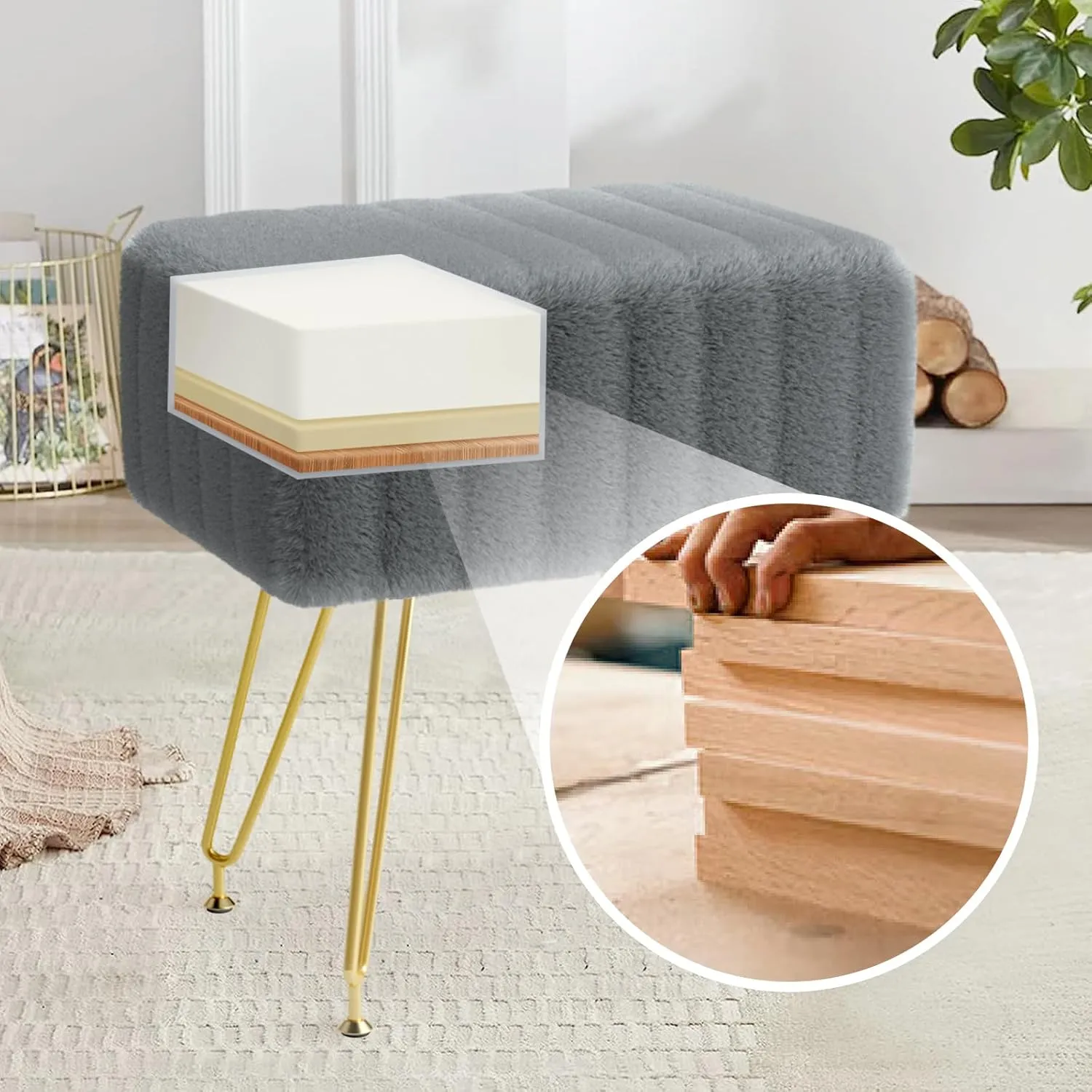 Faux Fur Square Vanity Stool : Soft Footrest 4 Metal Legs with Anti-Slip Feet，Super Soft Padded Seat，Removable and Washable,lint-Free,Makeup Stool for Living Room, Bedroom,Bathroom (Grey)
