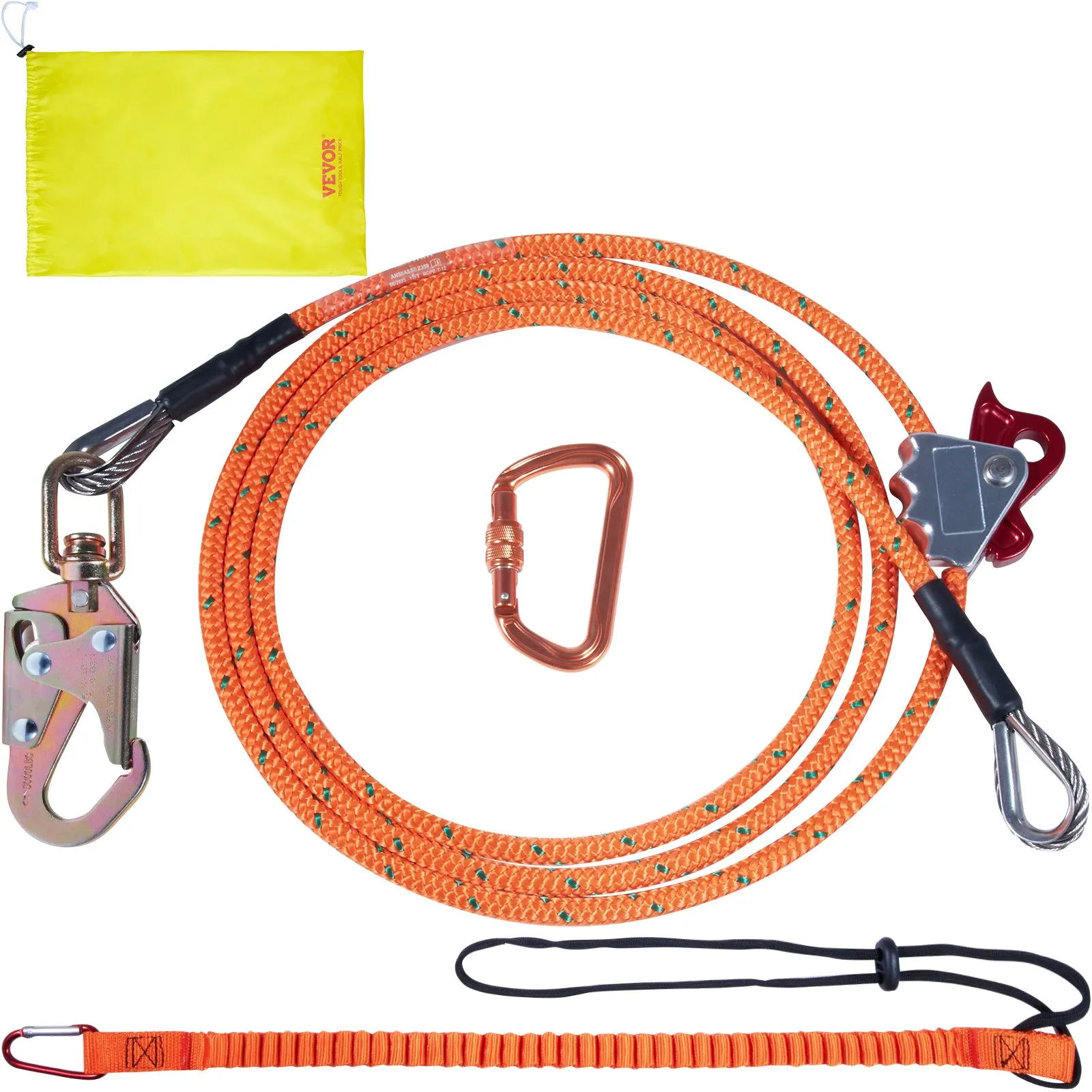 (FINAL PRICES ARE LOWER ON OUR SITE!) VEVOR Steel Core flipline, 1/2" x 8' Arborist Flipline, Flip Line for Tree Climbing with Alloy Steel Snap Hook, Aluminum Alloy Carabiner and Extra Tool Lanyard, for Arborist, Tree Climbers