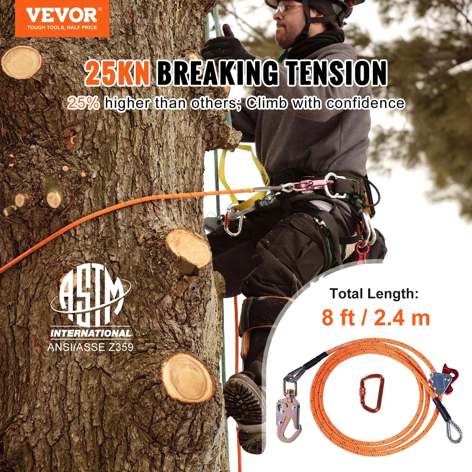 (FINAL PRICES ARE LOWER ON OUR SITE!) VEVOR Steel Core flipline, 1/2" x 8' Arborist Flipline, Flip Line for Tree Climbing with Alloy Steel Snap Hook, Aluminum Alloy Carabiner and Extra Tool Lanyard, for Arborist, Tree Climbers
