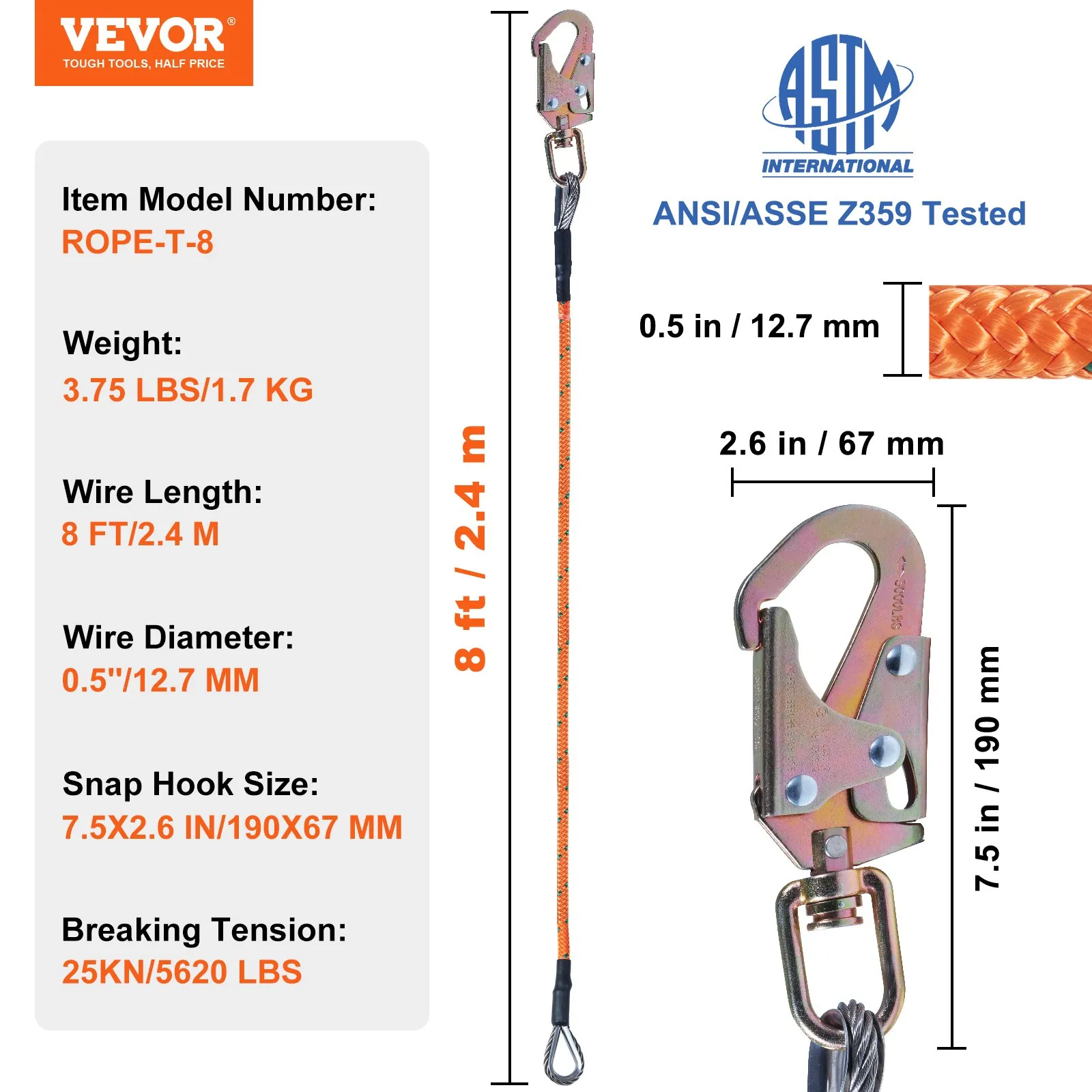 (FINAL PRICES ARE LOWER ON OUR SITE!) VEVOR Steel Core flipline, 1/2" x 8' Arborist Flipline, Flip Line for Tree Climbing with Alloy Steel Snap Hook, Aluminum Alloy Carabiner and Extra Tool Lanyard, for Arborist, Tree Climbers
