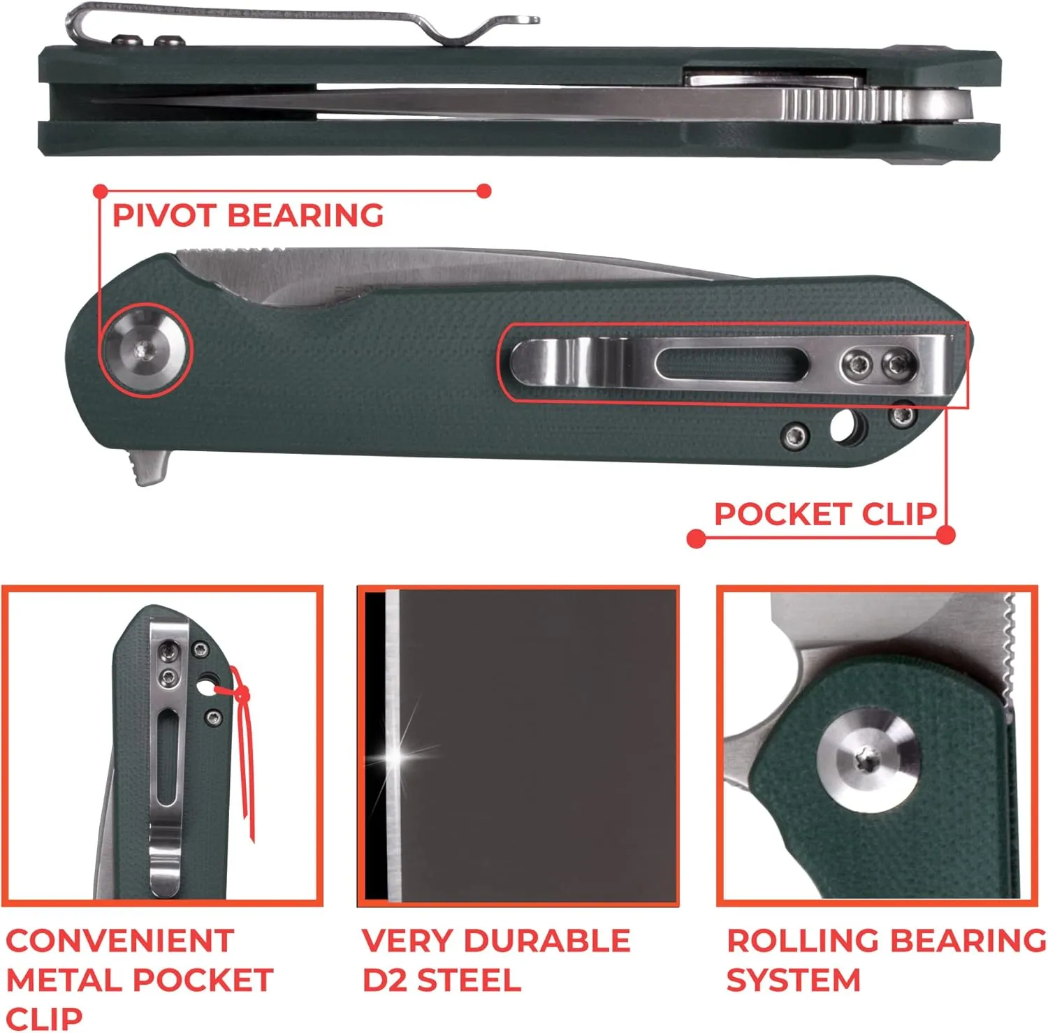 Firebird GANZO FH41S-GB Pocket Folding Knife D2 Steel Blade G10 Anti-Slip Handle with Clip Fishing Hunting Camping Outdoor Flipper EDC Pocket Knife Best Gift for Men and Women (Green)