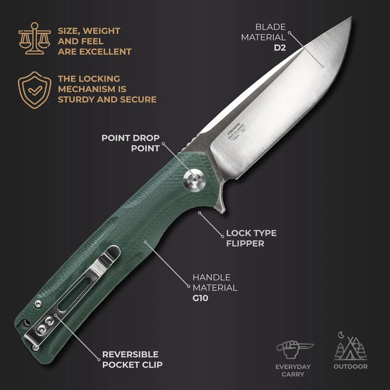 Firebird GANZO FH91-GB Ball Bearing Pocket Folding Knife D2 Steel Blade Ergonomic G10 Anti-Slip Handle with Clip Camping Fishing Hunting Outdoor Flipper EDC Pocket Knife (Green)