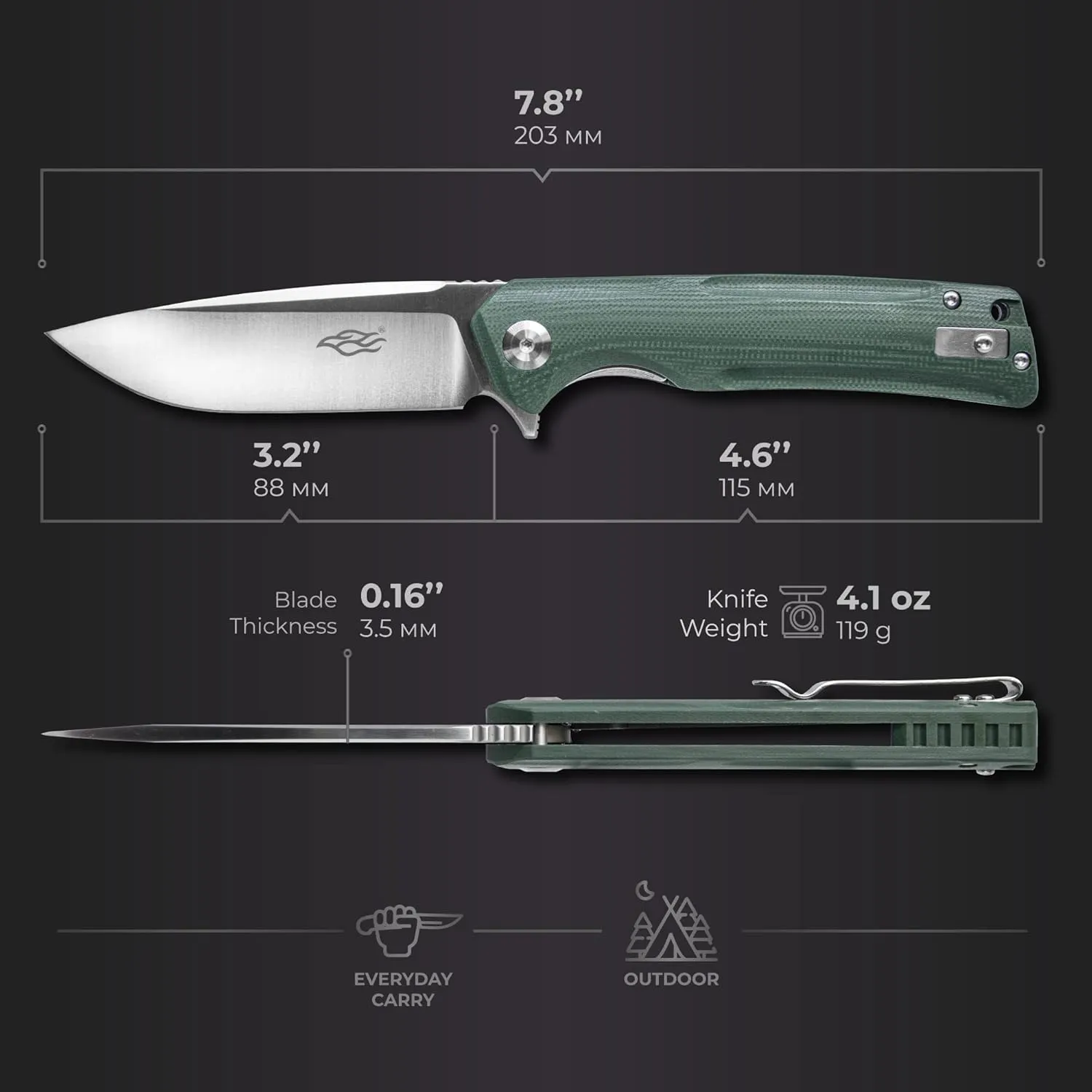 Firebird GANZO FH91-GB Ball Bearing Pocket Folding Knife D2 Steel Blade Ergonomic G10 Anti-Slip Handle with Clip Camping Fishing Hunting Outdoor Flipper EDC Pocket Knife (Green)
