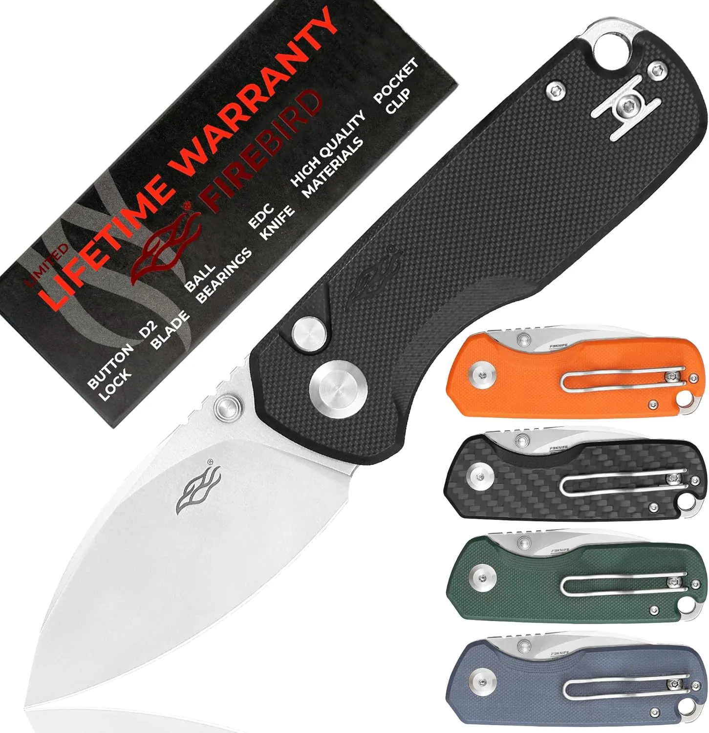 Firebird GANZO FH925-BK Small Pocket Folding Knife Button Lock D2 Steel Blade G10 Anti-Slip Handle with Clip Camping Outdoor EDC Utility Knife Best Gift for Men Women (Black)